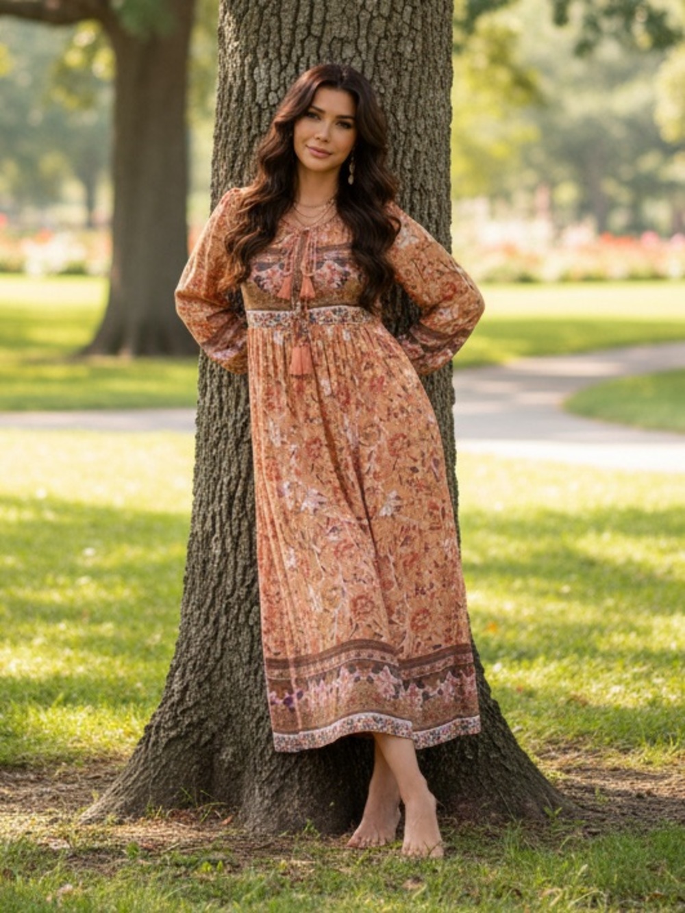 R. Vivimos Peach Long Sleeve Floral Print Retro V Neck Tassel Bohemian Dress - Picture 7 of 10